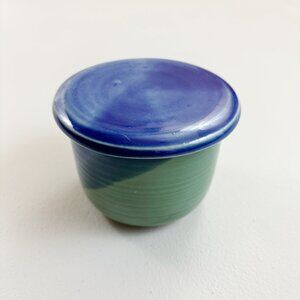 STUDIO ARTISAN POTTERY French Butter Keep Dish Farmhouse Blue Green Signed